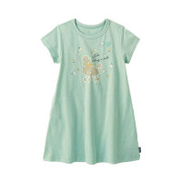 2024 spring and summer girls' A-line shape printed fresh cotton short-sleeved T-shirt dress  Green