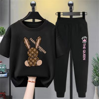 Girls' bunny print casual suit, older children's sports leggings trousers  Black