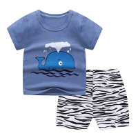 Costume à manches courtes pour enfants, short à manches courtes pour bébés, vente en gros transfrontalier, vêtements d'été pour bébés, T-shirt à col rond en pur coton  Bleu