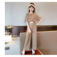 Girls summer suit thin section 2023 new Korean style medium and large children's summer casual wide-leg pants two-piece set  Khaki