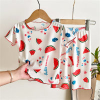 Children's ice silk short-sleeved suit summer boys' home clothes cropped pants girls' thin pajamas children's air-conditioning clothes  watermelon red