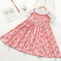 Langes Mädchenkleid aus Baumwolle mit Blumenmuster, weiß  rot