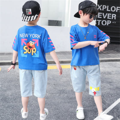 Two-piece solid color cartoon pattern T-shirt set for middle and large children