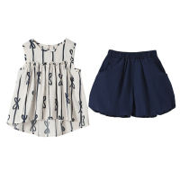 Shorts para meninas terno de verão casual, top sem mangas de duas peças + calças com botões de flores  Branco