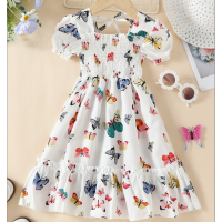Girls summer dresses with printed stylish short-sleeved skirts for girls summer casual long skirts  White