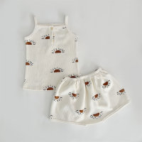 Children's home clothes summer new baby suspender pajamas printed set Nordic waffle baby clothes  Beige