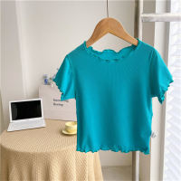 Version coréenne des T-shirts d'été couleur bonbon pour filles pour enfants de petite et moyenne taille, manches courtes en dentelle de soie glacée, sœurs polyvalentes, hauts à bords d'oreilles en bois  Bleu