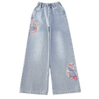 Children's straight-leg middle and large children's spring Chinese style loose long pants  Light Blue