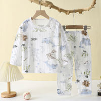 Kinder-Baby-Pyjama-Set aus reiner Baumwolle, klimatisierte Kleidung für Männer und Frauen, kleine und mittelgroße Kinder, A-Typ, langärmelige Frühlings- und Sommer-Hauskleidung  Beige
