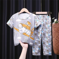 Children's pajamas for boys and girls summer thin short-sleeved trousers for boys and children's home clothes  Light Gray