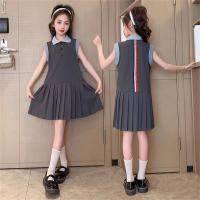 Girls summer dress college style splicing long skirt medium and large children thin vest skirt Korean version children's skirt dress  Gray