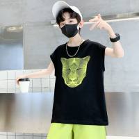 Boys' summer clothes, handsome cartoon vests, five-piece pants, two-piece set, trendy sports suits for older boys  Light Green