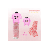 Summer new style cartoon T-shirt for girls, middle and older children, casual loose ice silk trousers suit, pure cotton short sleeves  Pink