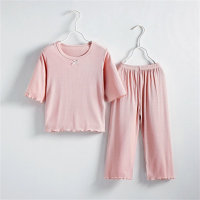 Girls solid color sweet ice silk suit thin home clothes  Pink