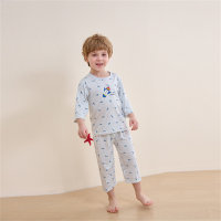 Children's home clothes set modal cotton boneless baby air-conditioning clothes three-quarter sleeve children's pajamas  Light Blue