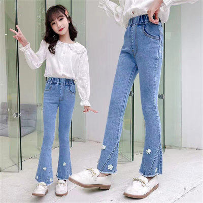Girls' jeans, fashionable bell bottoms, Korean style children's elastic pants for outer wear