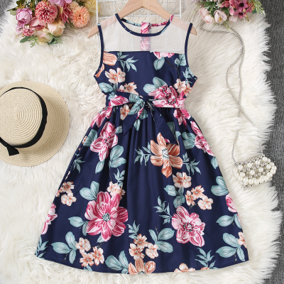 Girls' navy blue dress with waist tie and rose floral pattern