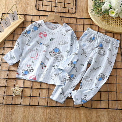 New children's pure cotton home clothes set summer long-sleeved pajamas thin air-conditioned clothes for boys and girls