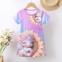 Ropa y vestidos infantiles para niñas, vestido infantil informal de manga corta con cuello redondo y estampado digital de unicornio  Rosado