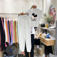 Camiseta de manga corta de estilo coreano de verano, pantalones harén, conjunto informal de dos piezas con pequeña fragancia  Blanco