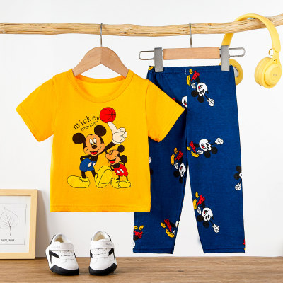 Conjunto de pijamas de ropa para el hogar de color amarillo lindo de Mickey con dibujos animados para niños, ropa informal