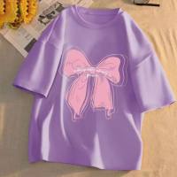 Girls summer new Korean version of sweet and fashionable butterfly print casual children's casual short-sleeved T-shirt for middle and large children  Purple
