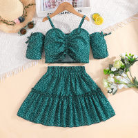 2024 new summer girls' new all-over printed small floral suspenders off-shoulder short top and skirt two-piece set  Green