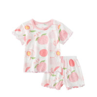 Conjunto de pijamas de seda helada de verano para niñas, ropa de casa de dos piezas para niñas y bebés pequeños y medianos de manga corta  Rosado