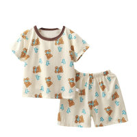 Boys and children's suit short-sleeved shorts two-piece set thin cartoon children's clothing air-conditioning suit  Khaki