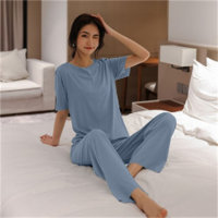 2024 New Women's Pajamas Solid Color Ice Silk Home Clothes Women's Casual Two-piece Suit  Blue