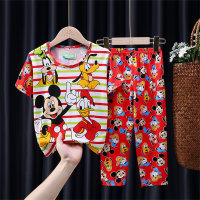 Novos pijamas infantis para meninos e meninas verão calças finas de manga curta para meninos crianças verão casa com ar condicionado  Vermelho