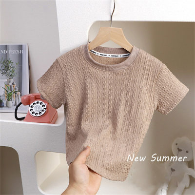 Summer children's round fashion collar knitted T-shirt for girls solid color breathable hollow stylish top for boys casual thin style