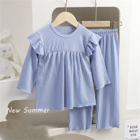 Girls long-sleeved striped pajamas home clothes summer suit student air-conditioning clothes  Blue