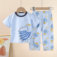 Traje de manga corta para niños, camiseta de verano de algodón puro para bebés, pijamas para niños, ropa de verano para niños  Azul