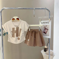 Girls suit 2023 new summer casual printed suit short-sleeved shorts fashionable children's clothing children's two-piece suit trendy  Coffee