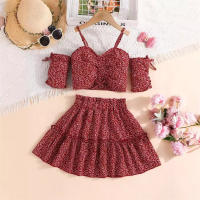 2024 new summer girls' new all-over printed small floral suspenders off-shoulder short top and skirt two-piece set  Burgundy