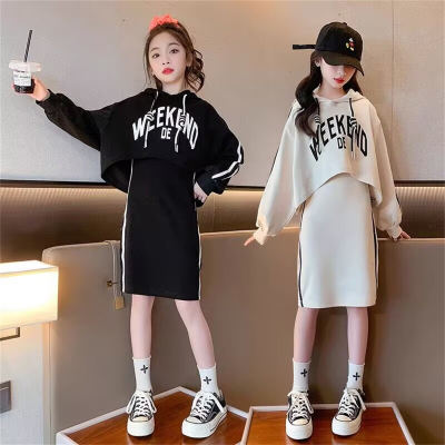 Girls hooded suits, medium and large children's dresses, spring clothes, Korean style fashion sweater vest dresses, two-piece suits