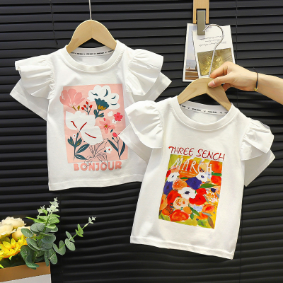 Camiseta para niñas, nuevo estilo, mangas voladoras, estilo occidental, algodón puro, manga corta, top de encaje versátil