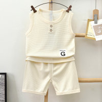 Children's vest suit summer waffle boys and girls shorts summer clothes  Beige