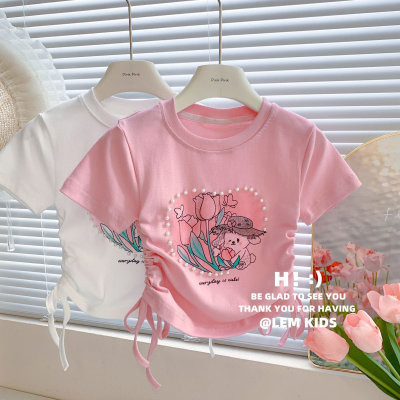 Camiseta de seda helada de media manga con cordón para niña, novedad de verano 24, camiseta de manga corta con dibujos animados de amor y perlas para niña