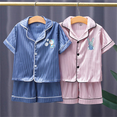 2023 Summer Children's Pajamas Set Ice Silk Thin Boys Girls Middle and Small Children Short Sleeve Home Clothes Air Conditioning Clothes