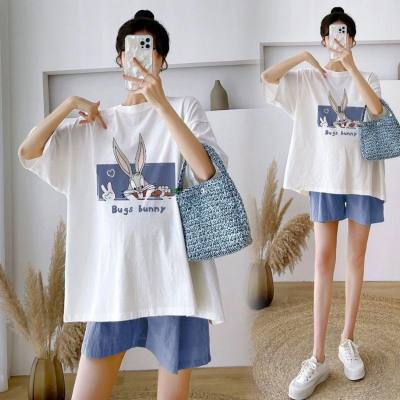 Summer Outerwear Maternity Two-piece Fashionable Mom Cute Cartoon Print Belly Covering Top Maternity Summer Suit