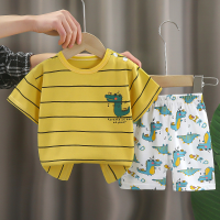 Terno de manga curta para crianças 24 verão novos meninos camiseta de algodão shorts versão coreana roupas de bebê menina roupas infantis atacado  Amarelo