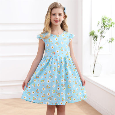 Summer thin girl's pastoral style all-over floral cotton dress for big children with flying edges and puff sleeves princess dress