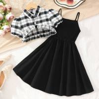 Older girl's casual plaid cropped shirt + solid color suspender dress two-piece suit  Black
