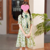 Robe d'été pour filles, style occidental, style ancien, Hanfu, cheongsam, robe de princesse, jupe florale en mousseline de soie, pour enfants  vert