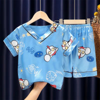 Nuevo estilo pijamas de seda de hielo pantalones cortos de manga corta satén niñas niños dibujos animados verano ropa de hogar con aire acondicionado  Azul claro