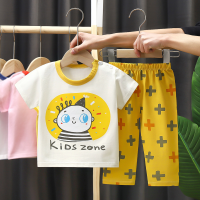 Sommerliche Kinderkleidung, klimatisiertes Kinderkleidungsset, kurzärmliges Baby-T-Shirt aus reiner Baumwolle, Hosen, Heimkleidung, Jungen- und Mädchenpyjamas  Gelb