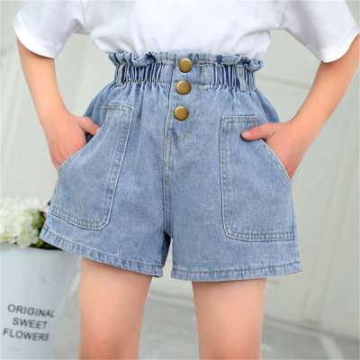 Mädchen-Jeansshorts mit hoher Taille, zerrissene Oberbekleidung, weite Hotpants