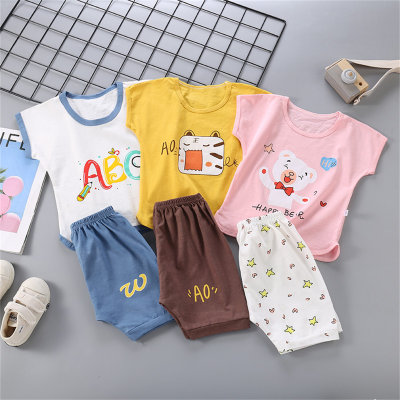 ملابس منزلية قطنية للأولاد طقم بدلة أطفال بأكمام قصيرة على الطراز الكوري مكونة من قطعتين